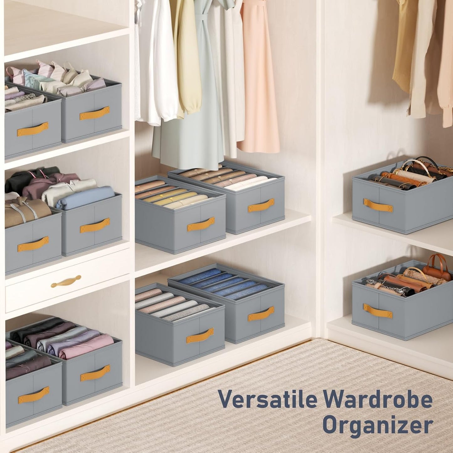 DIMJ Wardrobe Clothes Organizer - 4/5/7 Grids Foldable Closet Drawer Organizer Dividers for Jeans, Pants, Sweater, T Shirt, Storage Bins with Handles for Shelf