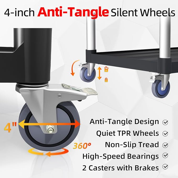 Plastic Utility Cart with Anti-Tangle Wheels, Solid Armrests, 350 Lbs Heavy - Image 3