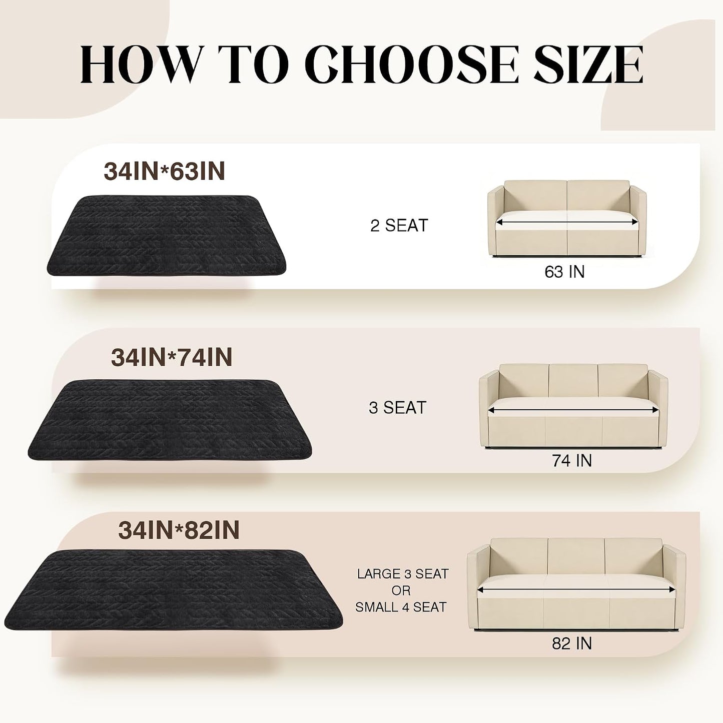 JIUZHEN Couch Cover for Dogs Chenille Quilted Couch Covers for Pets Washable Sofa Protector for 3 Cushion Cover Non Slip Sofa Slipcover with Straps(34" x 74", Black)