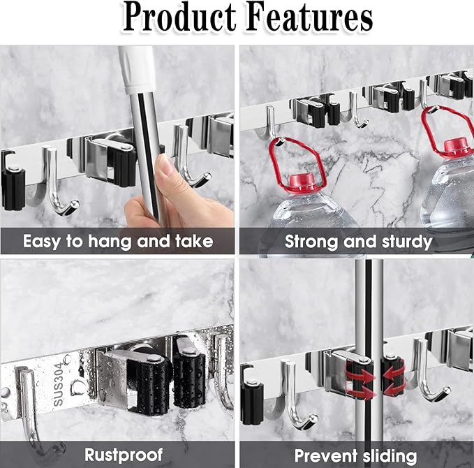 2 Pack 3 Racks and 4 Hooks Broom and Mop Holder Wall Mounted Garage Organizer - Image 2