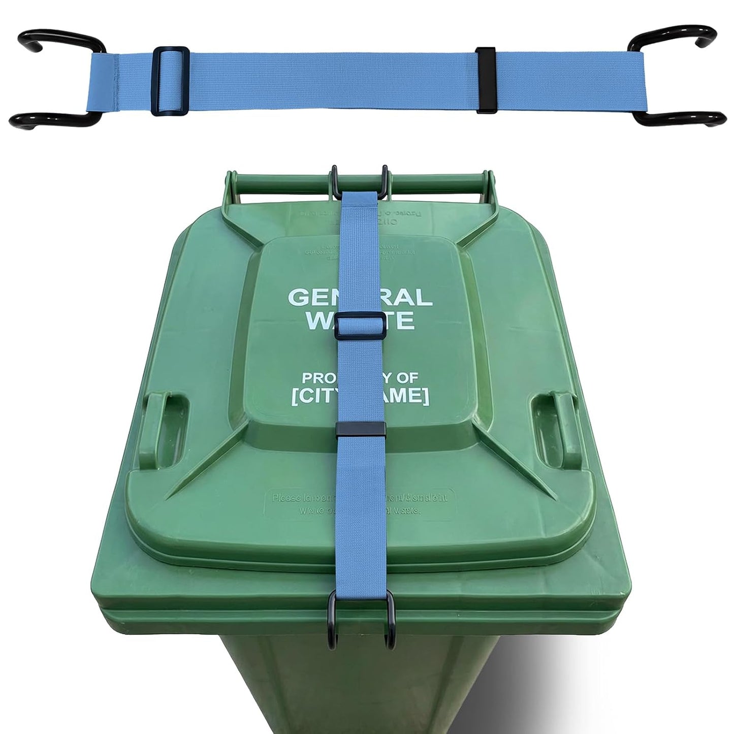 ANKS Bear&Raccoon Proof Trash Can Lock - Heavy Duty Metal Hook | Adjustable 22.64-37.1" strap fits 28-96 gal bins, windproof, rustproof, tool-free, Blue