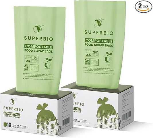 SUPERBIO 13 Gallon Flat Top Compostable Food Waste Bags, 2 Pack, 0.87 Mil by SUPERBIOCOMPOSTABLEBAGS
