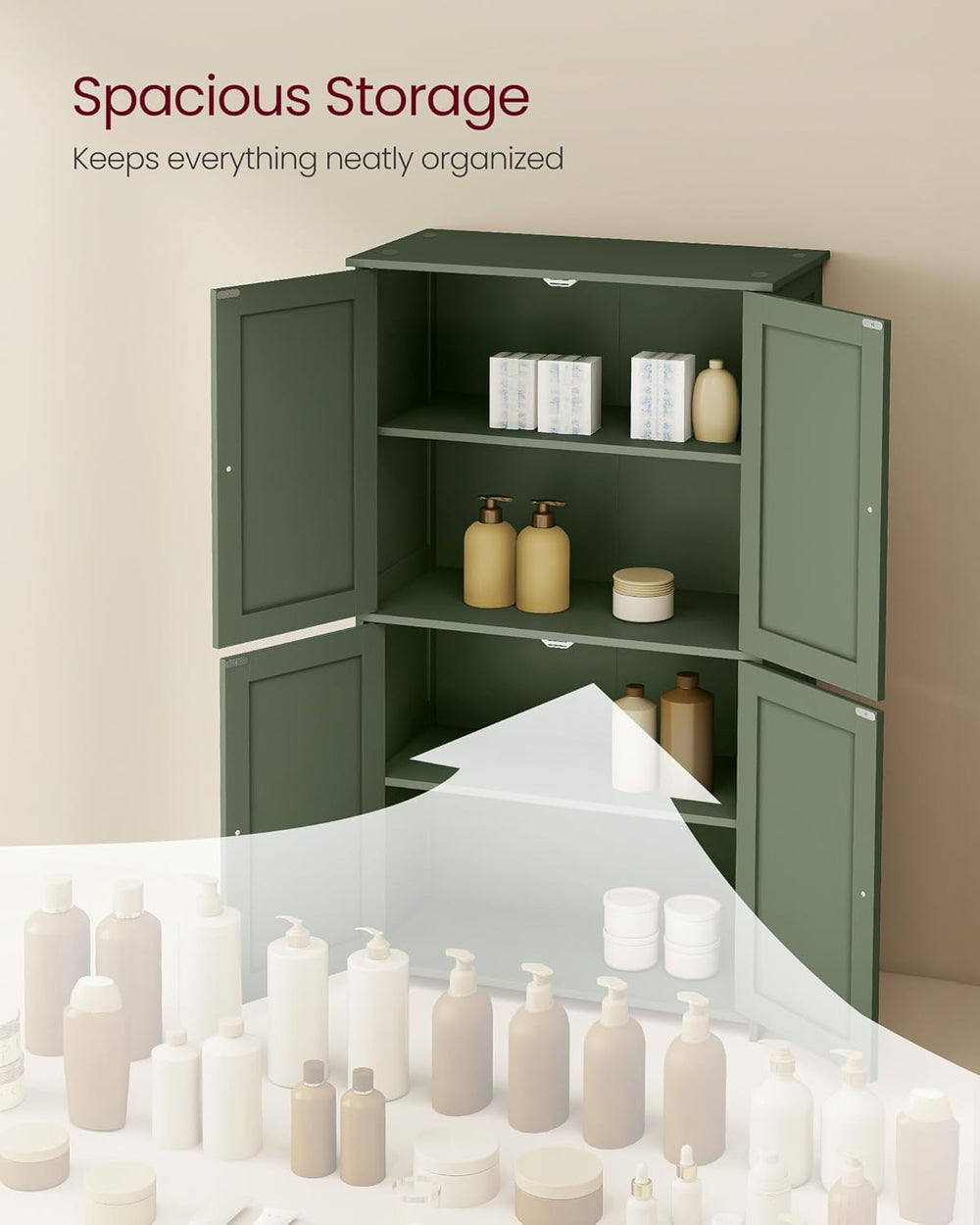 VASAGLE Bathroom Floor Storage Cabinet, 4 Doors, Forest Green