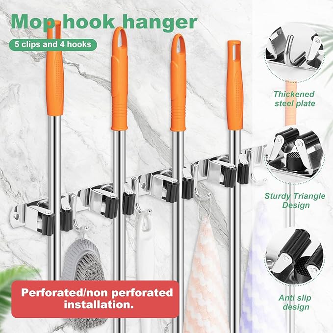 5Pcs 5 Racks 4 Hooks Stainless Steel Broom Mop Holder Anti Slip Wall Mount - Image 3