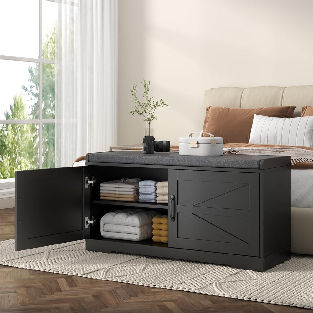 Loomie Shoe Storage Bench, 2-Tier Farmhouse Entryway Bench with Padded Seat C...