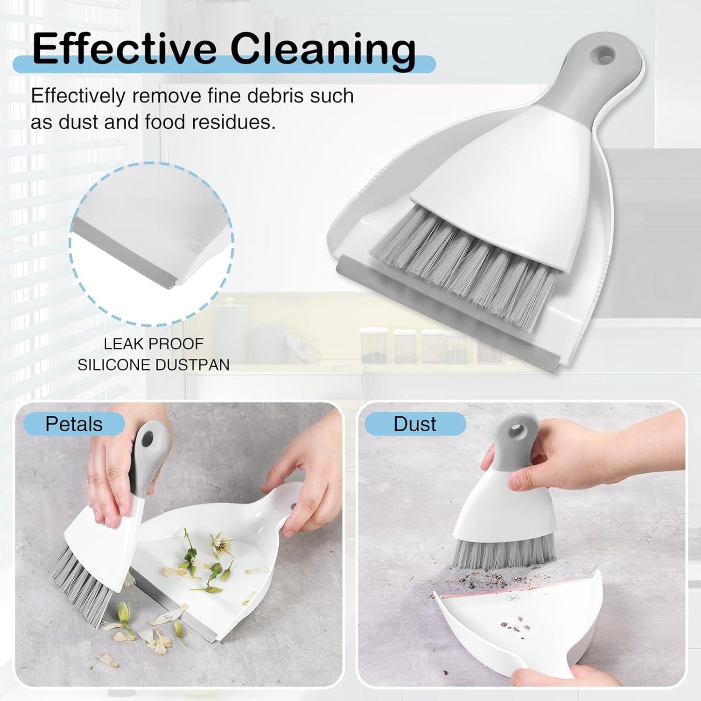 NACENA Mini Dustpan and Brush Set 2 Pack, Small Broom and Dustpan Set Dust Pan and Mini Hand Broom Dustpan and Broom Combo Compact for Home Table Keyboards Sofa Kitchen, White & Gray