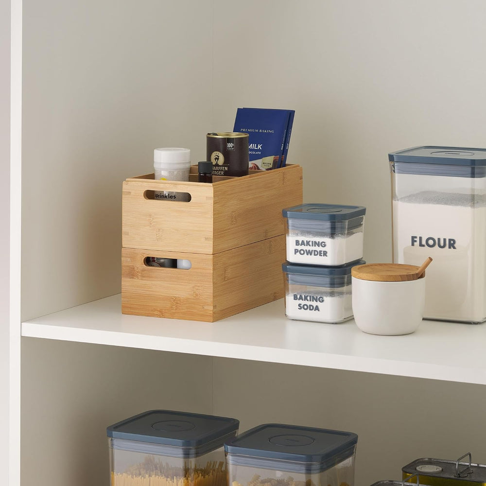 Set of 2 Stackable Bamboo Wood Boxes with Handles, Storage Bins for Shelving,...