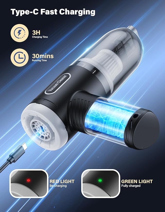Car Vacuum Portable Cordless, 16000Pa Handheld Vacuum Mini Vacuum Cleaner High - Image 3