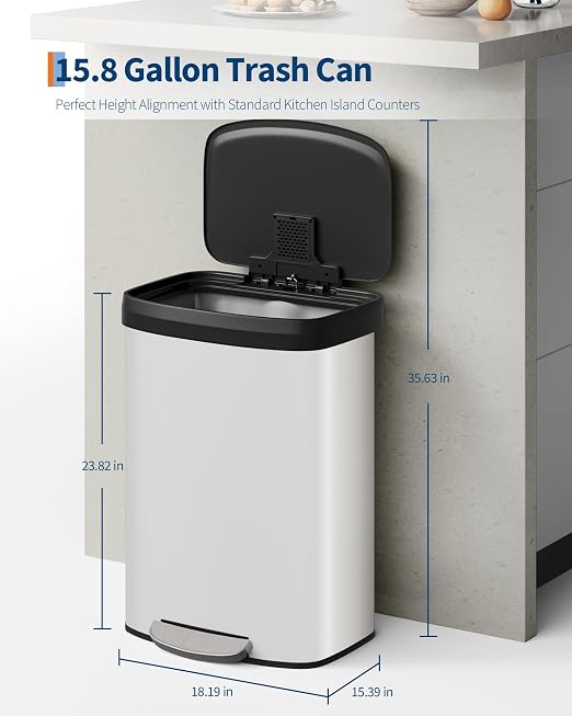 16 Gallon Trash Can, Stainless Steel Kitchen Garbage Can, Recycling or Waste Bin - Image 2