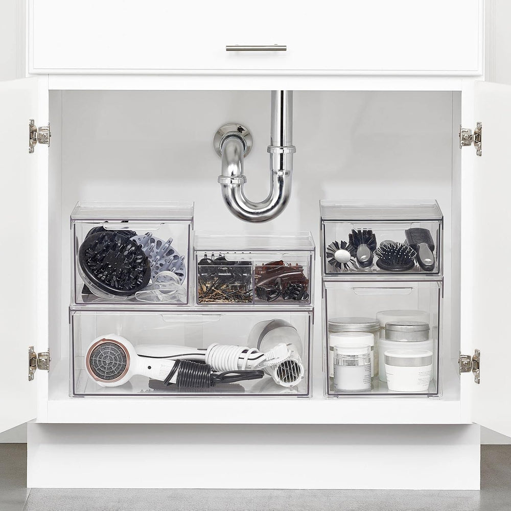 mDesign Plastic Stackable Bathroom Storage with Pull Out Bin Organizer Drawer...