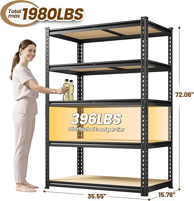 5-Tier Storage Shelves, 1980LBS Adjustable Pantry Shelves, Metal Shelving Unit - Image 3