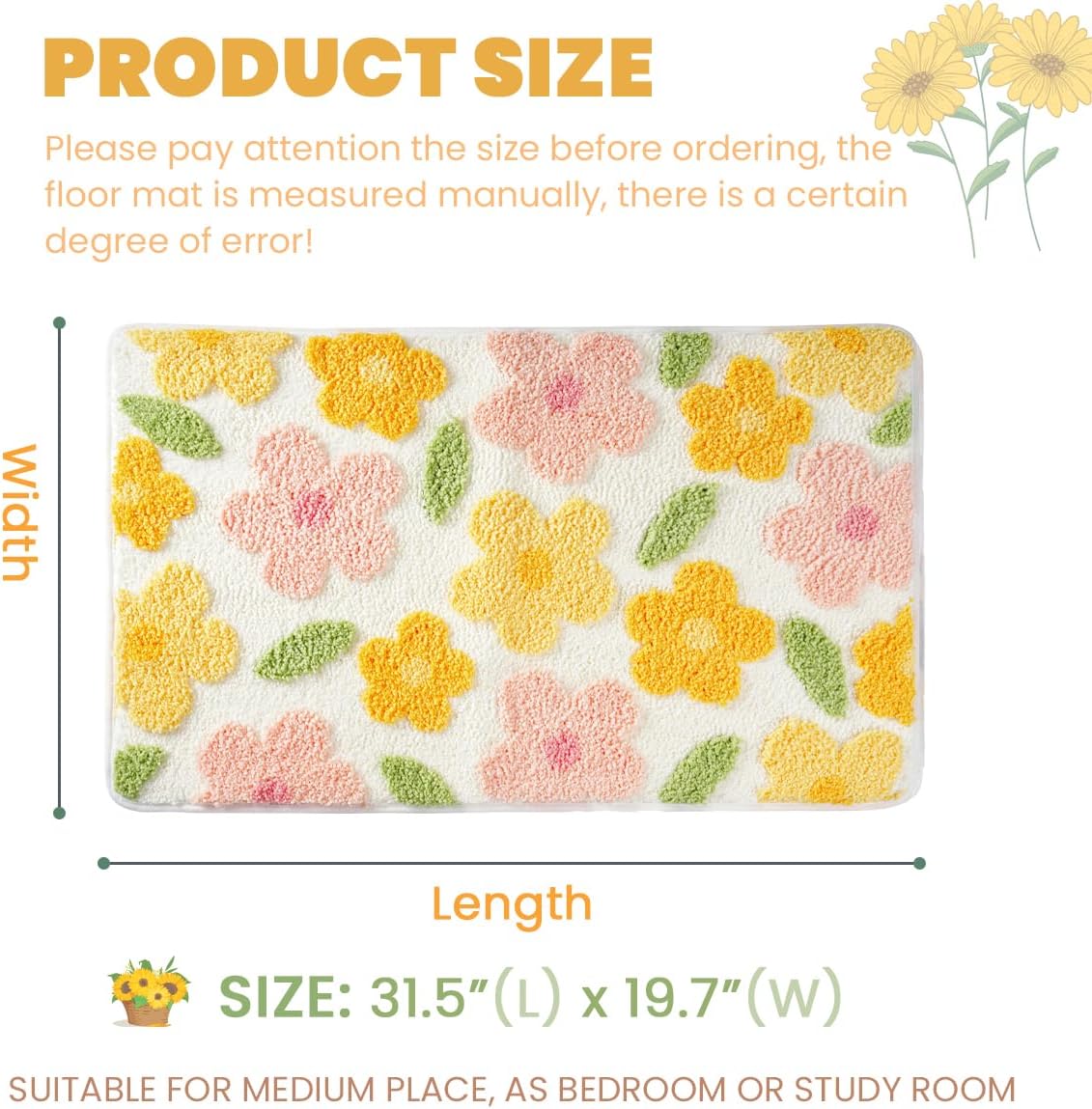 Cute Flowers Bathroom Rug Non Slip and Super Absorbent Bath Mat Machine Washable Bath Carpet Soft Microfiber Rug for Dining Room, Kitchen and Living Room (Colorful Flowers, 31"x20")