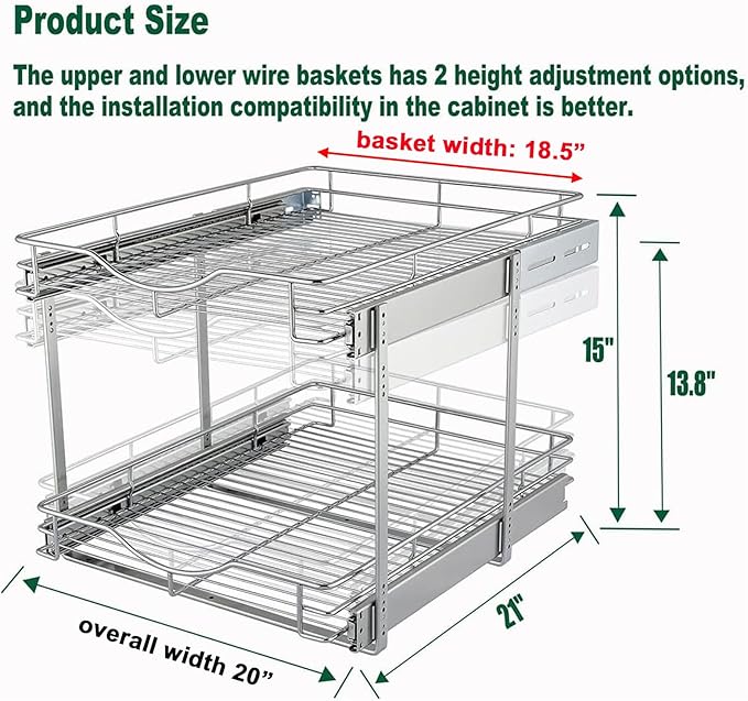 DINDON 2 Tier Pull Out Cabinet Organizer, Double Tier Wire Basket Slide Out - Image 3