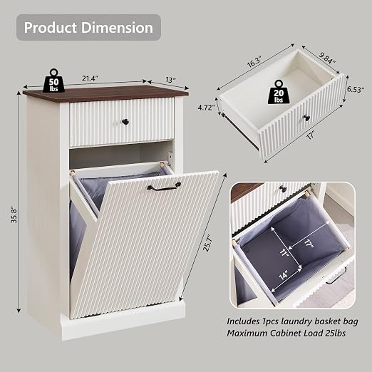 Modern Tilt-Out Trash Can Cabinet, 10 Gallon Fluted Laundry Hamper Cabinet - Image 2