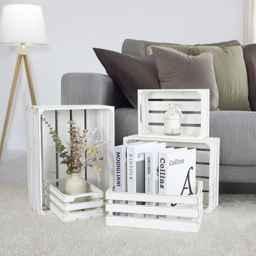 5-Piece Rustic White Wooden Crates Set, Wall Mountable Slatted Storage Crates...