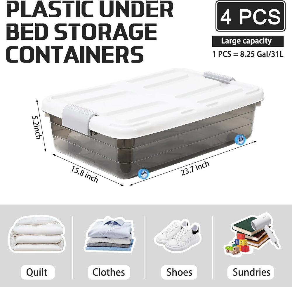 Beeveer 4 Plastic Under Bed Storage Containers, 23.7 x 15.8 x 5.2, Brown
