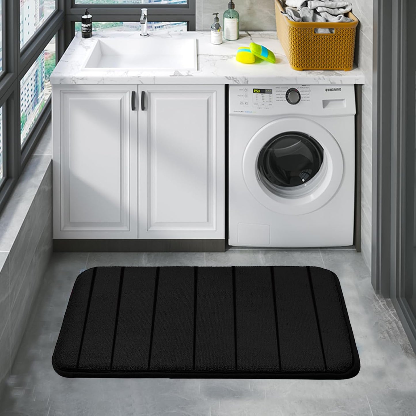 Bathroom Rugs Set Memory Foam Bath Rugs Non-Slip Bath Mat Set 3 Piece,Washable Bathroom Mats,Absorbent Shaggy Rugs Super Soft U-Shaped Toilet Rug,Bahroom Carpets for Bathroom,Tub,Shower（Black）