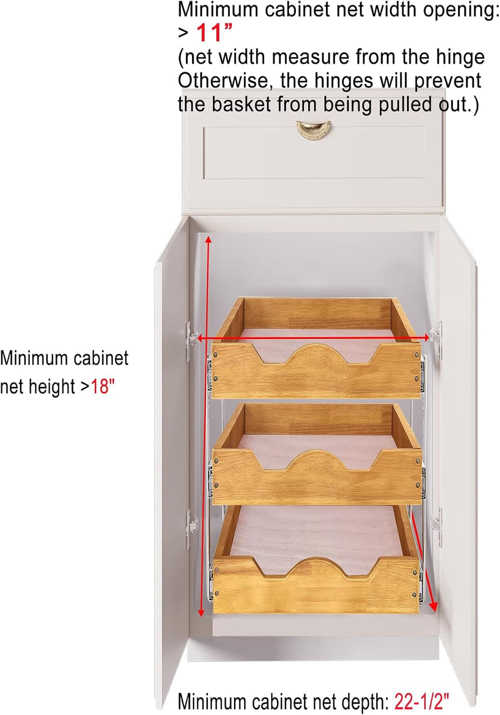 DINDON 3 Tier Pull Out Cabinet Organizer 11” W X21” D Slide Out Wood Drawer W...