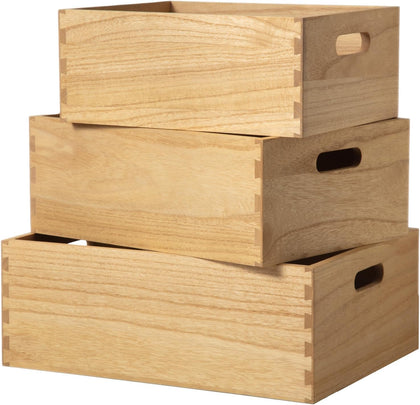 KIRIGEN Nesting Wood Crates with Handles Set of 3 - Farmhouse Decor Wooden Storage Containers/Portable Rolling Tray Basket/Crates Decorative Boxes Natural