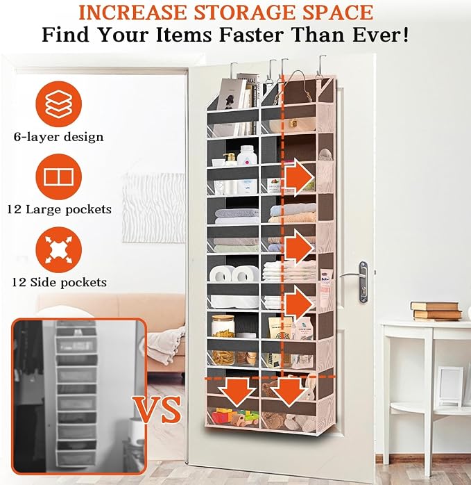 Over the Door Organizer 6 Tiers, Extra Large Behind Door Storage of 12 - Image 2
