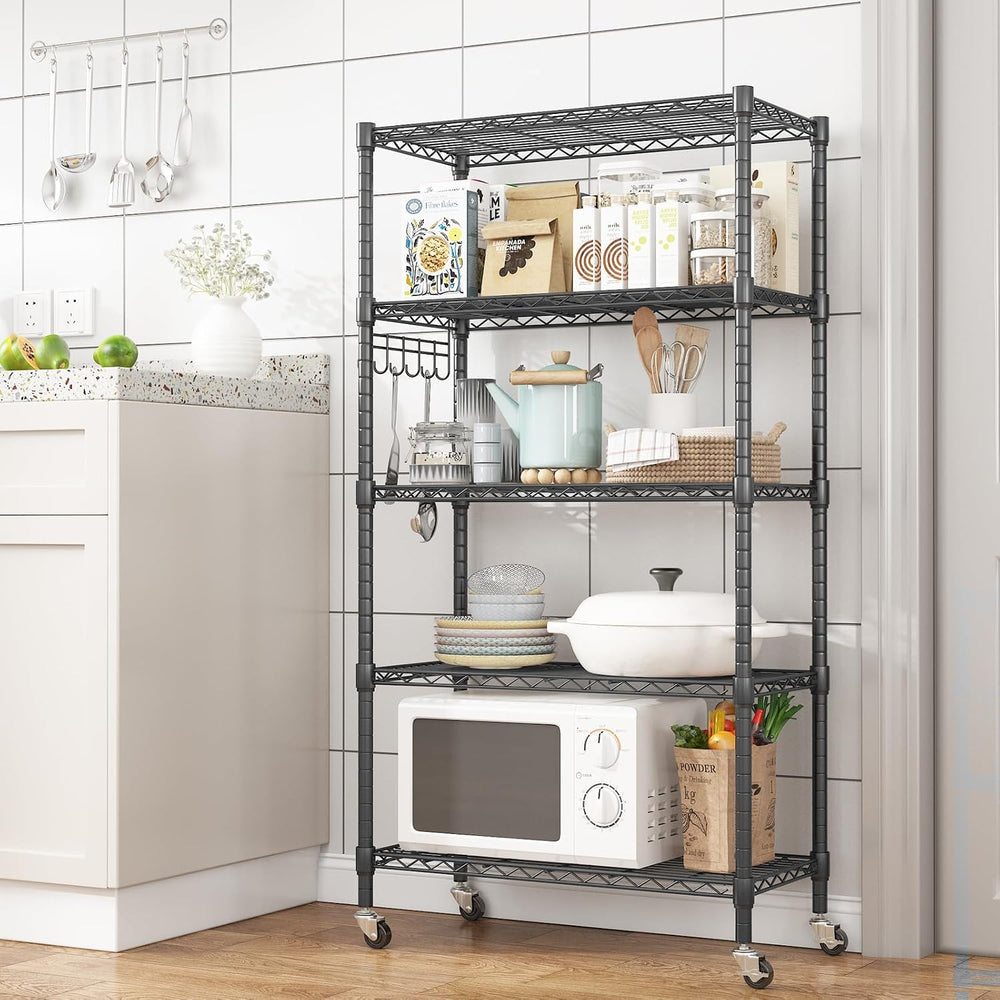Homdox 5 Tier Metal Storage Shelves with Wheels, Heavy Duty Wire Shelving Uni...