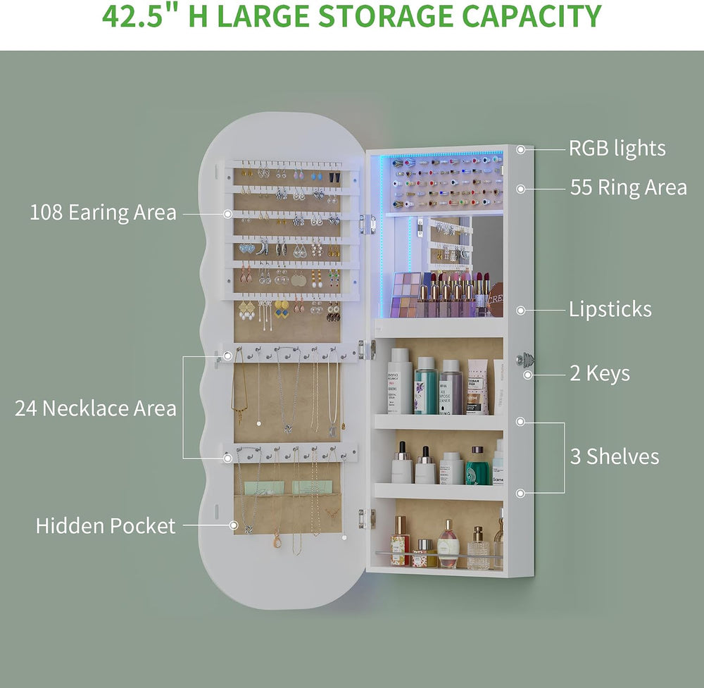 HNEBC LED Mirror Jewelry Cabinet with RGB Lights,42.5" Wall Mounted Jewe...