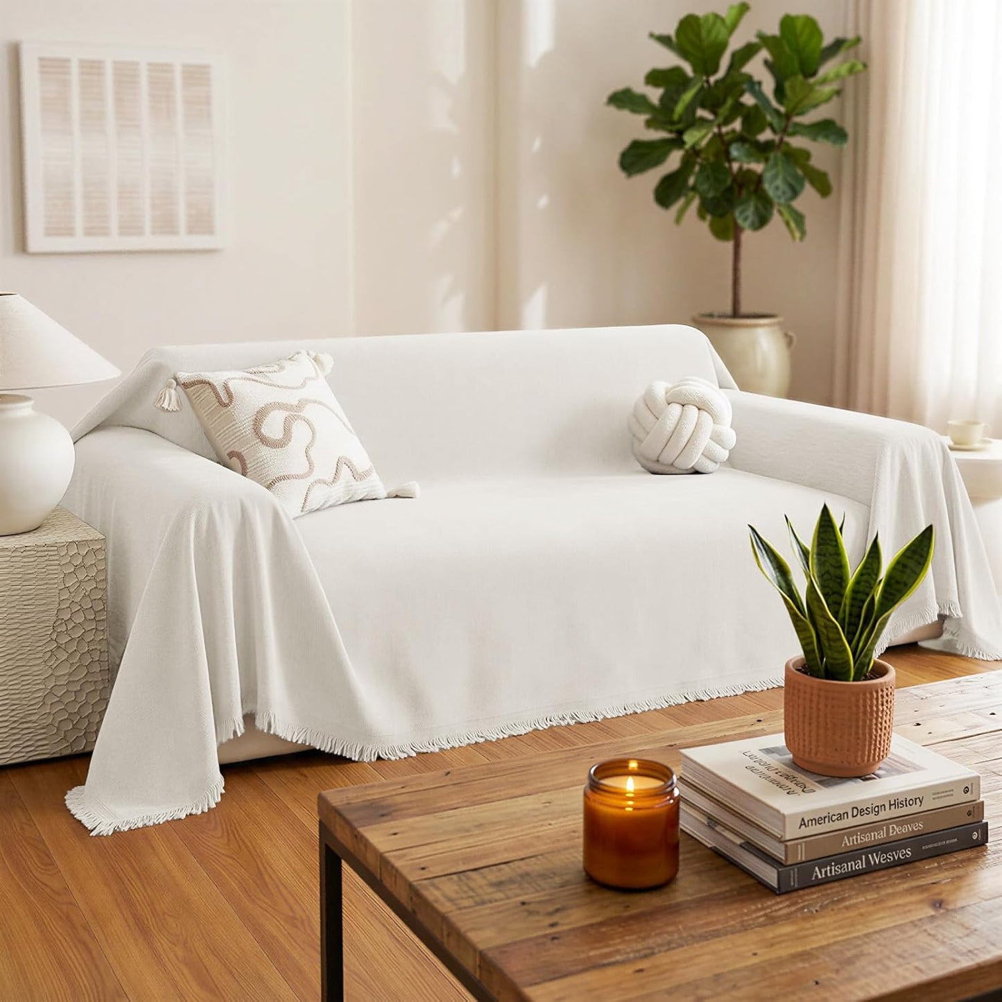 Chenille Couch Cover for Dogs, Boho Sofa Cover Washable Couch Cover, 3 Cushion Sofa Cover, Pet Throw Blankets for Couches with Tassel Furniture Protector Covers,71"×118",Beige White