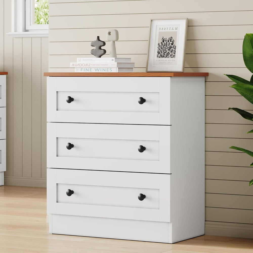 Furnify Farmhouse 3 Drawer Dresser, Small Chests of Drawers, White & Walnut