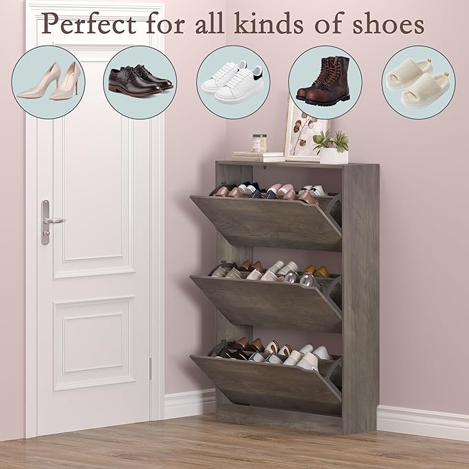 Shoe Cabinet with 3 Flip Drawers, Hidden Wood Shoe Cabinet, Freestanding Shoe - Image 4