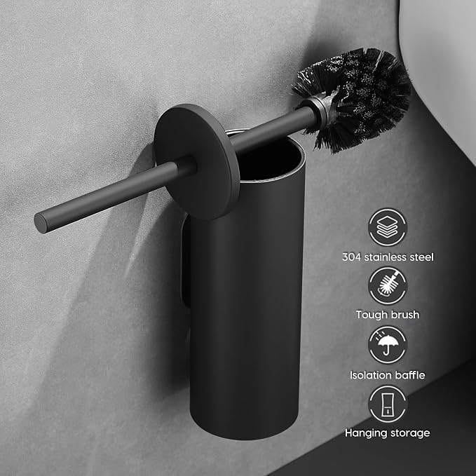 Toilet Bowl Brush and Holder, 304 Stainless Steel No-Punch Hook Base Dual - Image 6