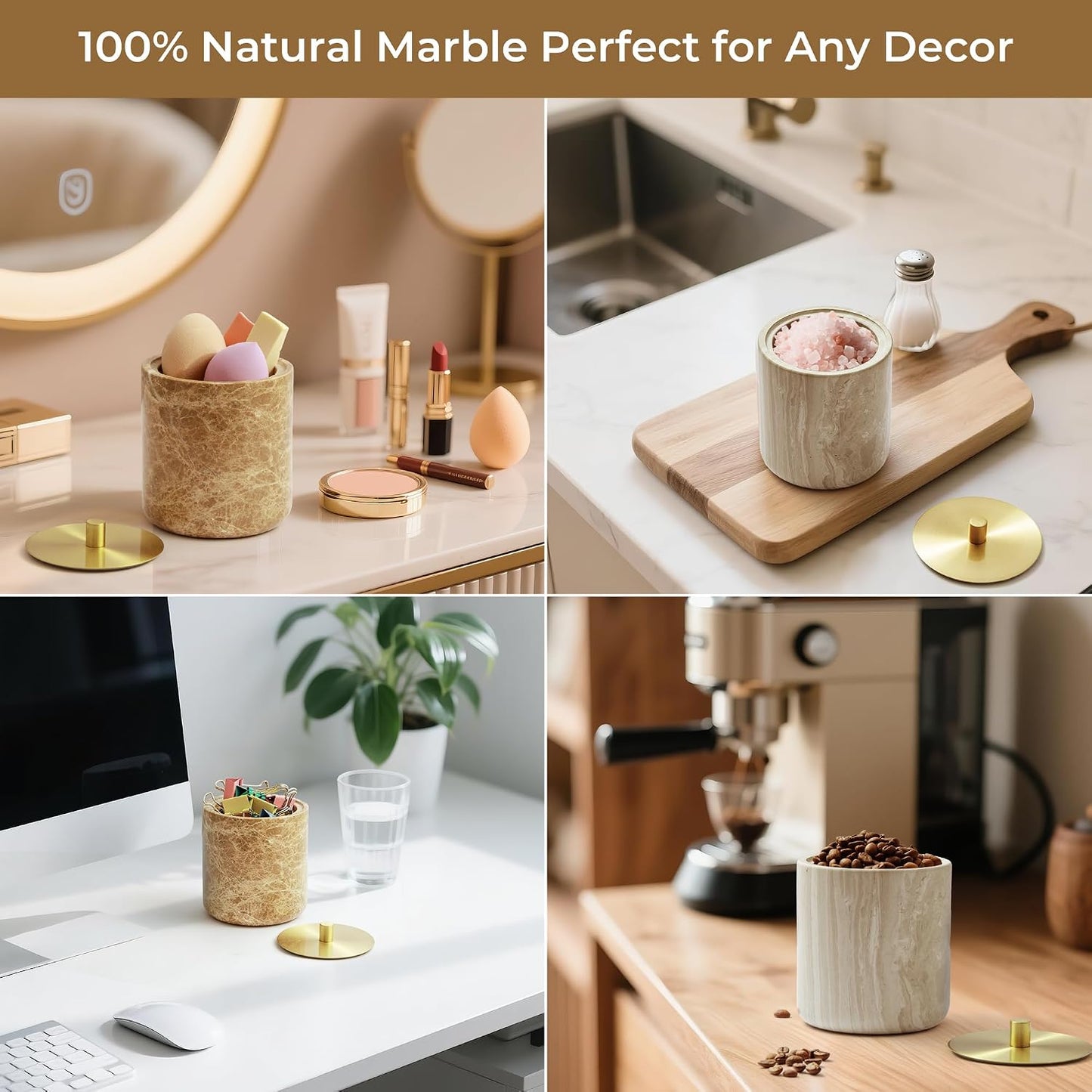Marble Qtip Holder with Brass Lid for Cotton Swabs,Balls,Pads,Floss Picks Large Capacity Marble Apothecary Jar for Bathroom Essentials Decor, Vanity Makeup Storage Organizer Grey (WH079)