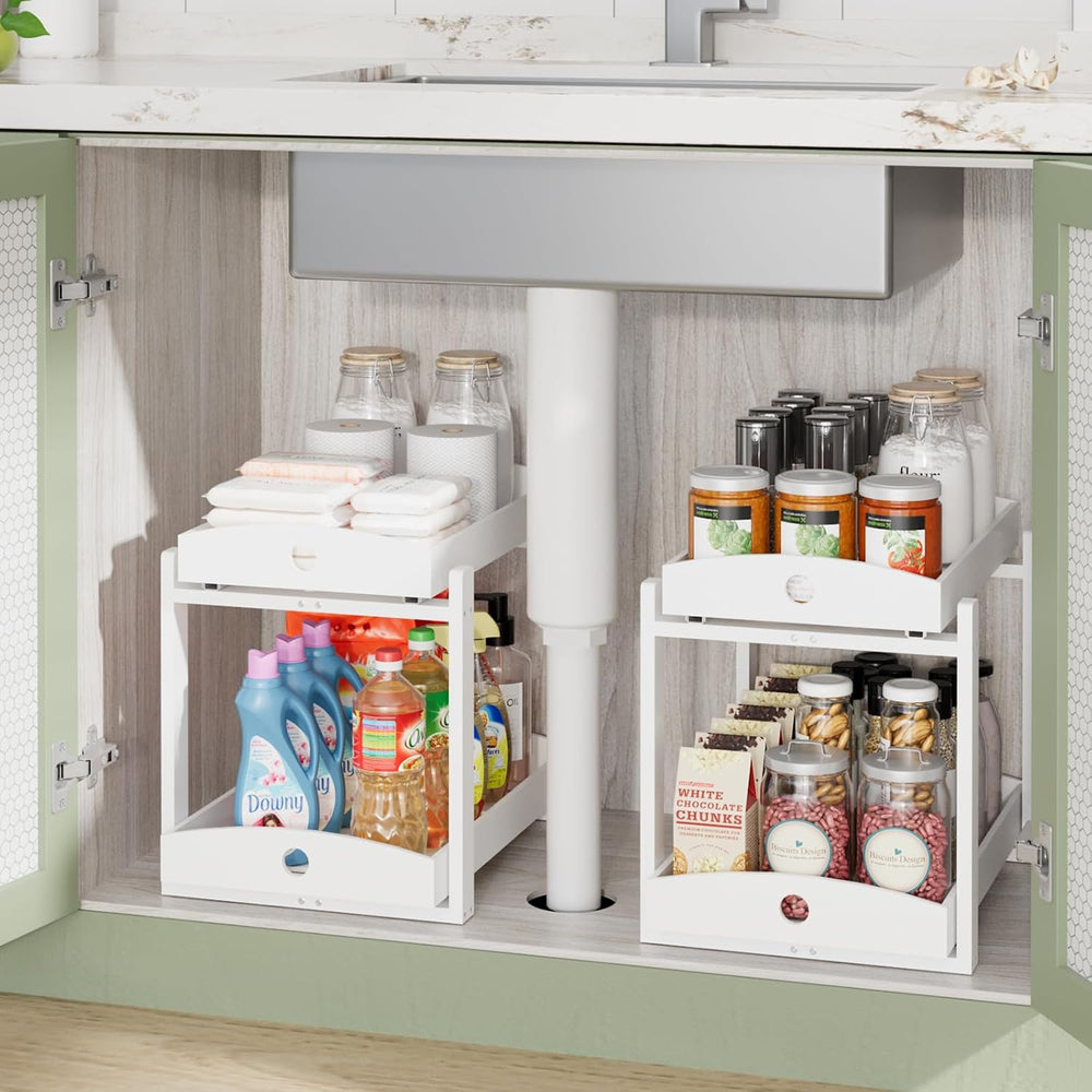 2 Pack Bamboo Under Sink Organizer, 2-Tier Pull-Out Drawers, Kitchen & Bath