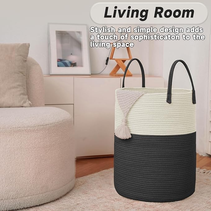 Large Woven Laundry Basket Hamper, 100L Cotton Rope Storage Bin - Image 3