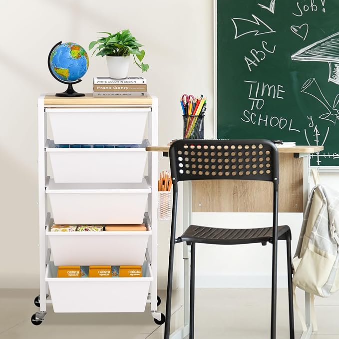 Rolling Cart with Drawers, Rolling Storage Cart with 5 Large Plastic Drawers & - Image 6