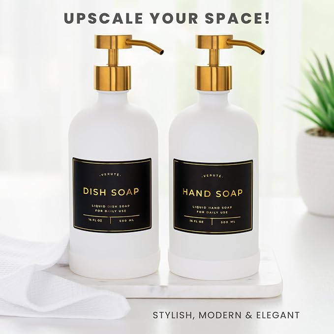 16oz Glass Soap Dispenser with Stainless Steel Pump, 21 Waterproof Labels - Image 3