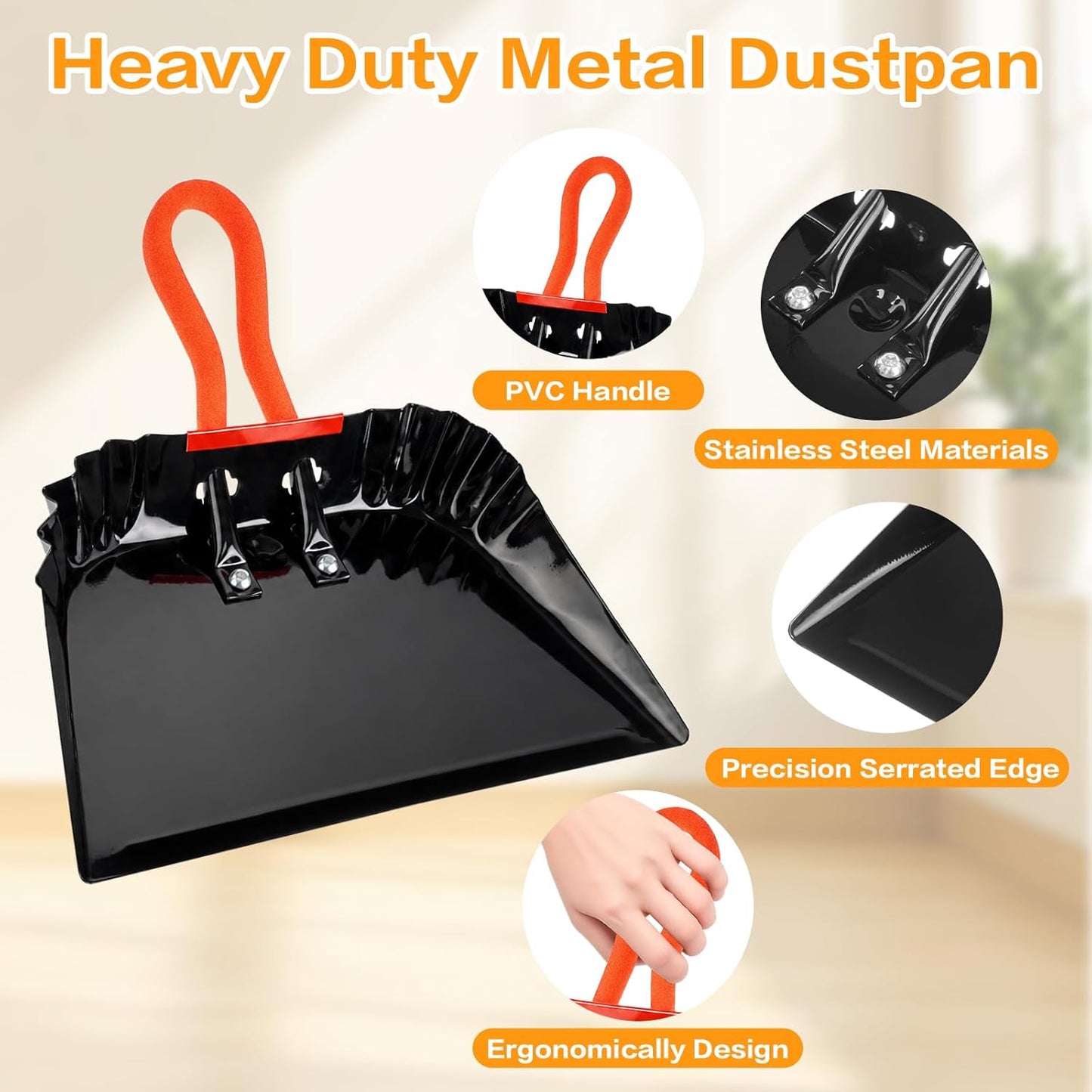 12 Inch Heavy Duty Metal Dust Pan, Steel Dust Pan with Comfort PVC Grip Handle & Precision Edge for Indoor/Outdoor, Ashes, Glass, Pet Food - Industrial & Commercial Use