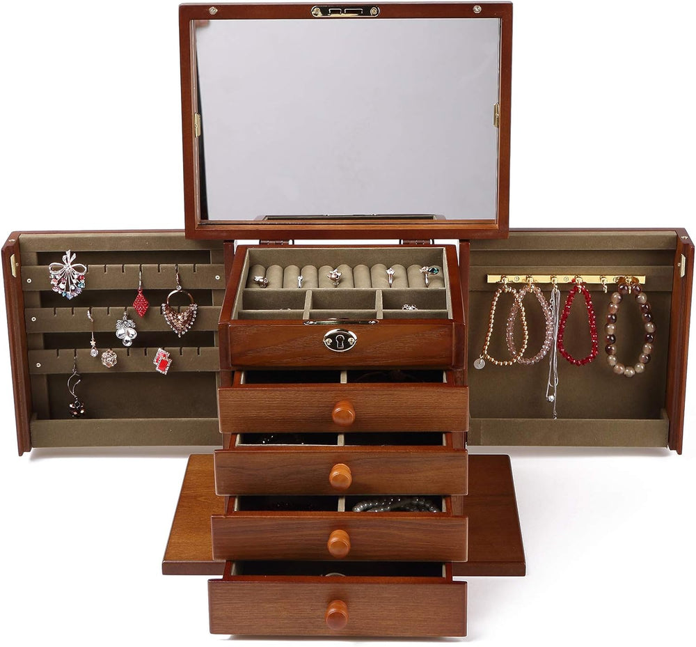 Changsuo Wooden Jewelry Box for Women, Organizer Box of Solid Wood with Lock ...