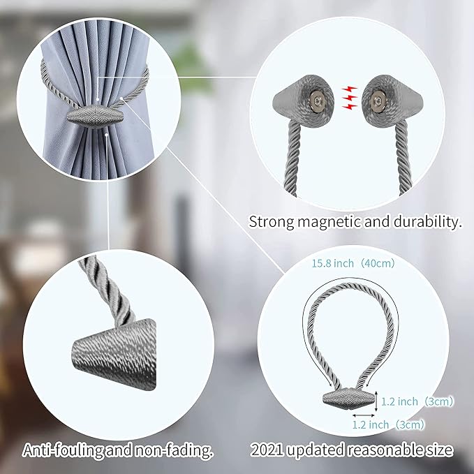Hion Magnetic Curtain Tiebacks Grey 2pcs, Curtain Tiebacks Buckles Holdbacks - Image 3