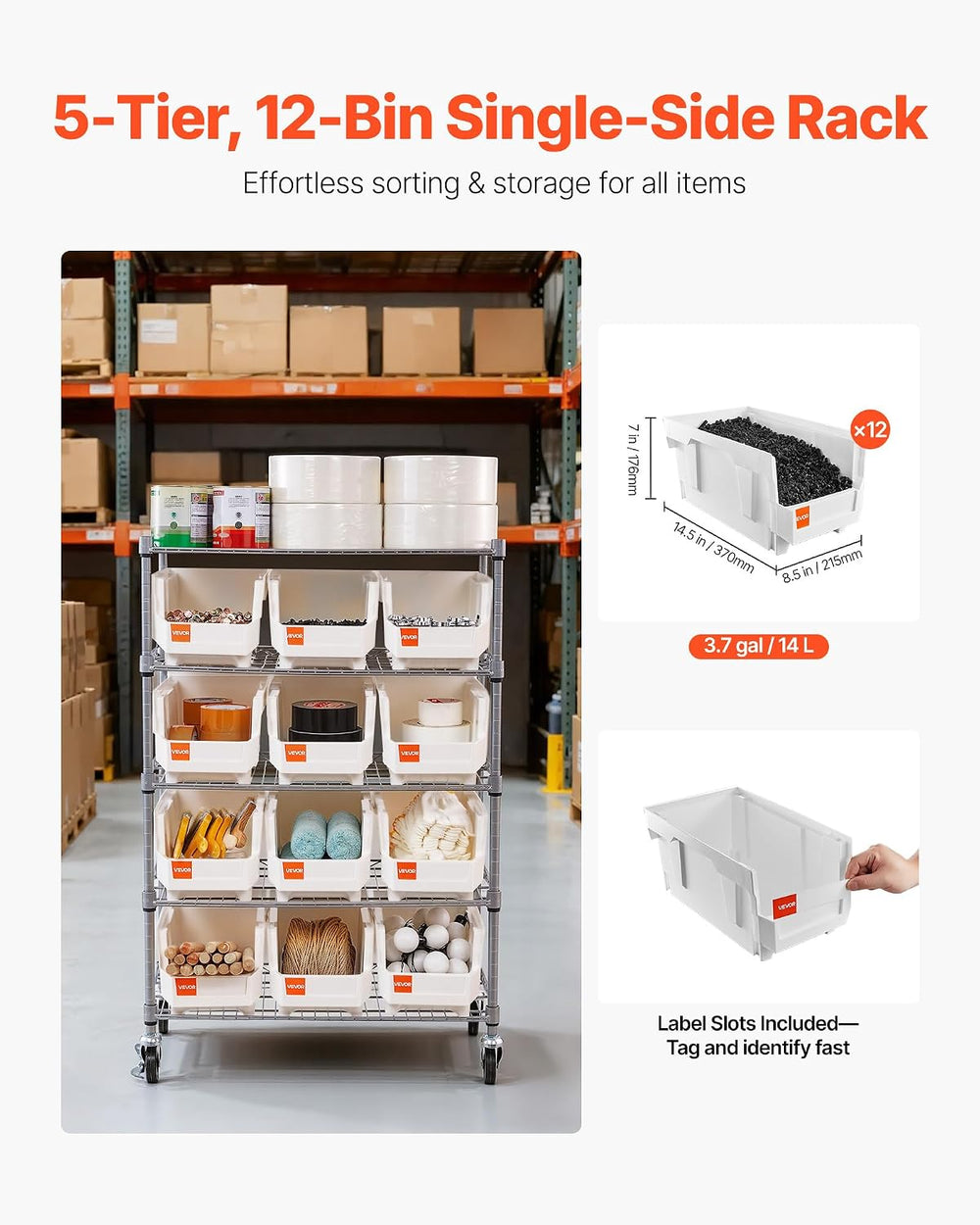 VEVOR 5-Tier Rolling Bin Storage Rack, 12 Organizer Bins, Bin Rack Storage St...