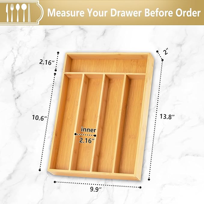 Silverware Organizer, 10 Inch Utensil Organizer Kitchen Drawer Organizer Bamboo - Image 2