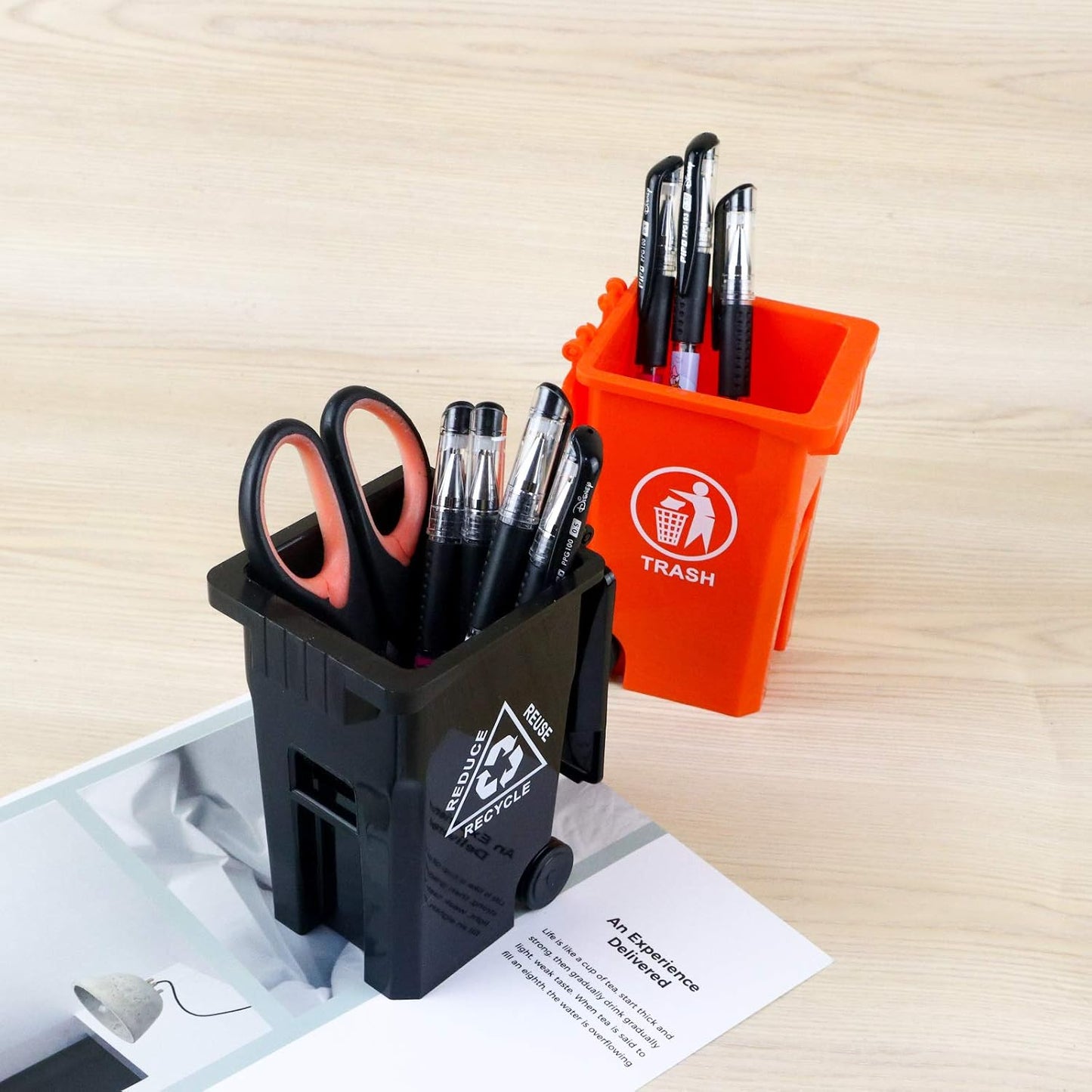 Mini Trash Can Pencil Holder for Desks, Black/Orange