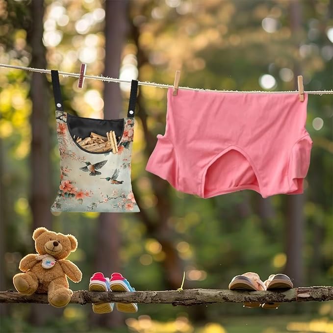 2 Pcs Hummingbird and Flowers Clothes Pin Bag, Small Hanging Laundry Bag - Image 3