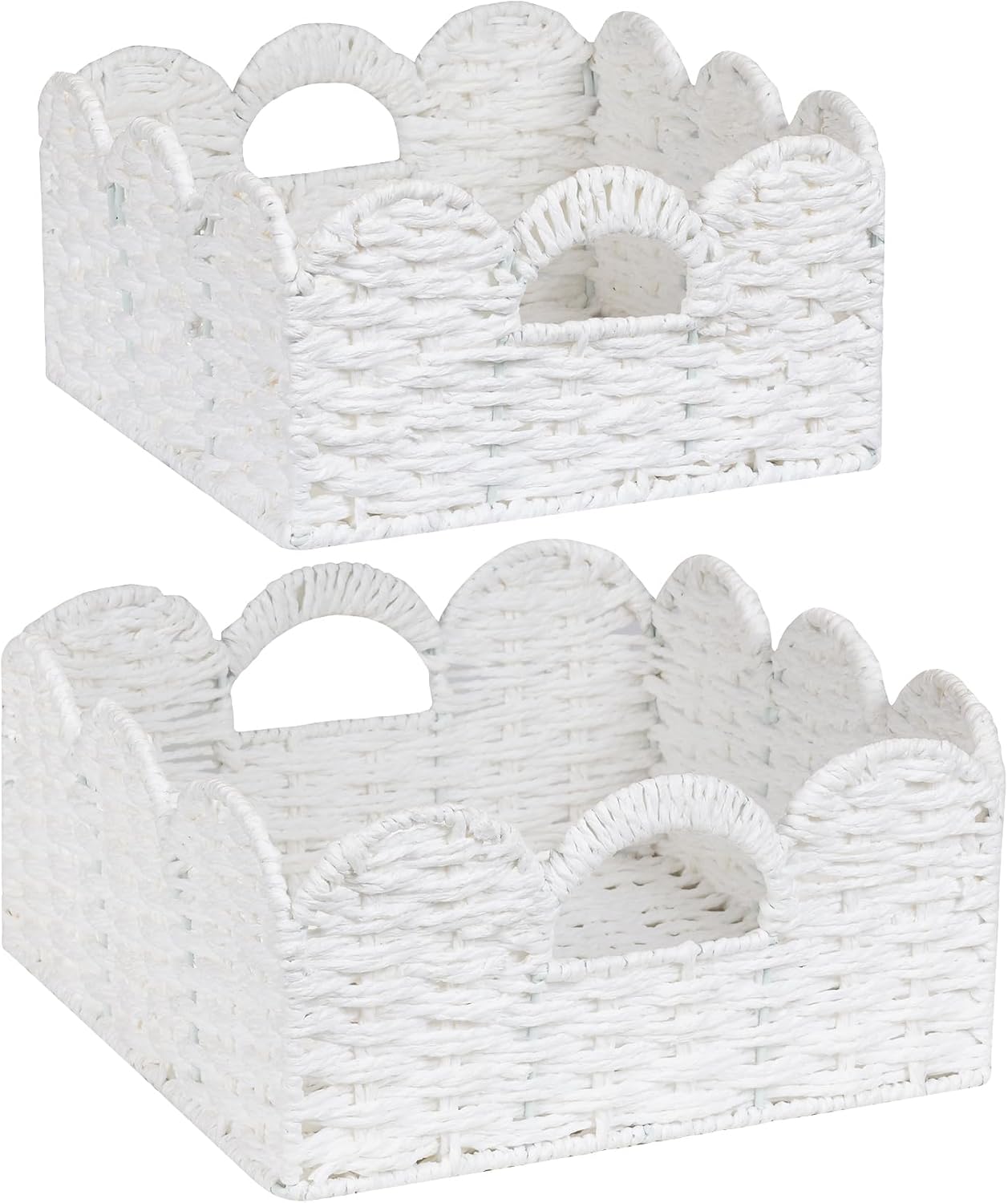 Graciadeco Scalloped Wicker Basket Natural Paper Rope Storage Baskets with Handles Handwoven Organizer Bin Wicker Storage Baskets for Home Decor, Organizing, 2 Pack (White)