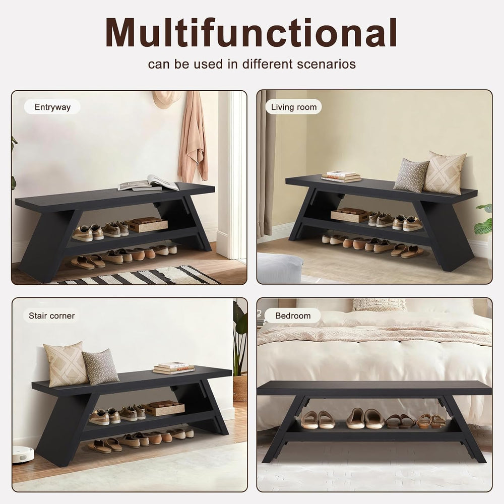 2-Tier Shoe Storage Bench, 55" Large Solid Wood Entryway Stool Storage
