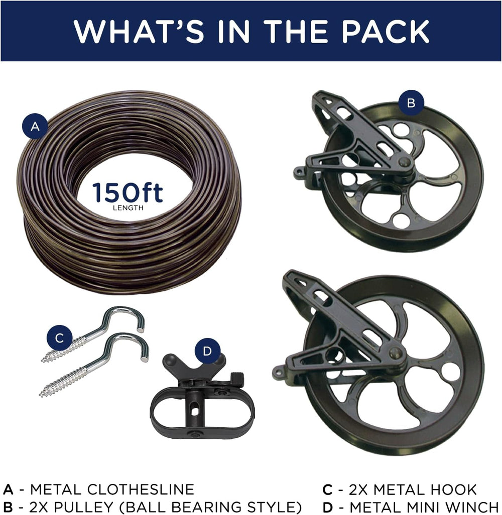 STRATA Heavy-Duty Clothesline Kit, 150 ft Steel Cable, Aged Bronze