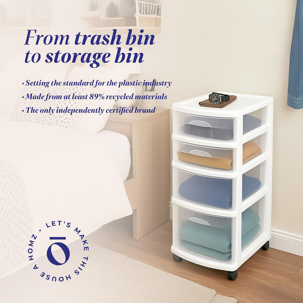 HOMZ Drawer Tower, 4-Tier Storage Cart with Removable Wheels, White Frame