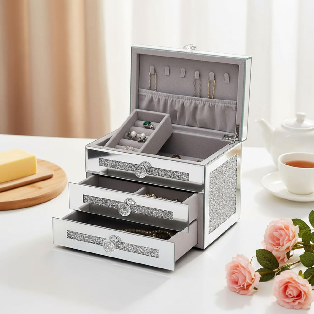 Kenning Glass Mirrored Jewelry Box for Women 3 Layer 2 Drawer Crushed Diamond...