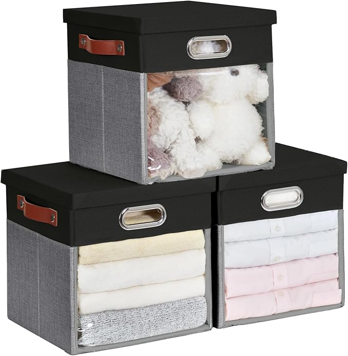 Fabric Storage Cubes with Clear Windows and Lids 11'' Foldable Storage Bins by Roobyl