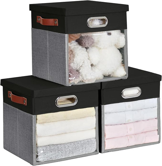 Fabric Storage Cubes with Clear Windows and Lids 11'' Foldable Storage Bins by Roobyl
