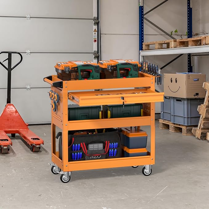 3 Tier Rolling Tool Cart on Wheels, Heavy Duty Service Cart Industrial Utility - Image 7